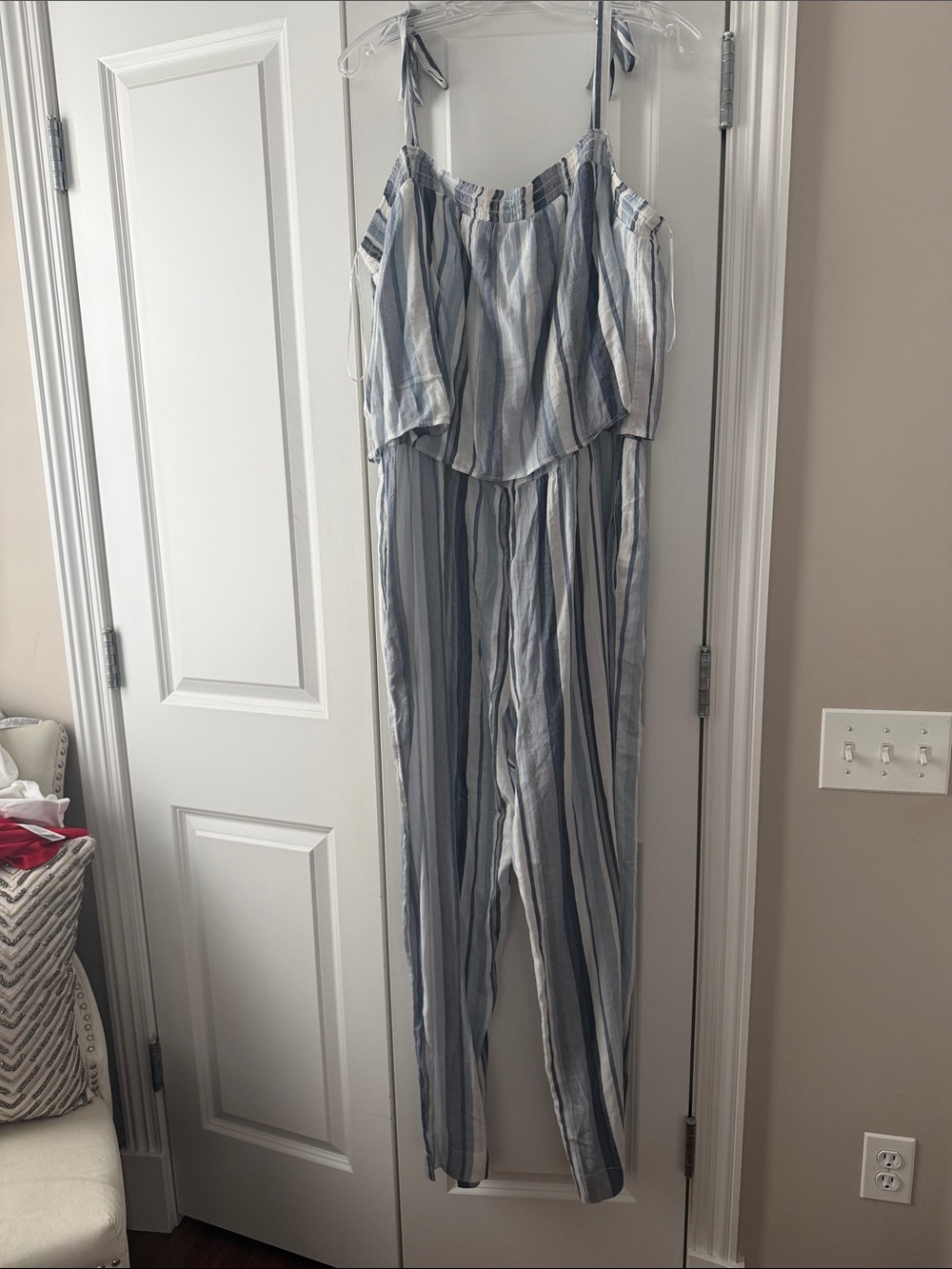 City Chic Blue & White Striped Off-Shoulder Jumpsuit